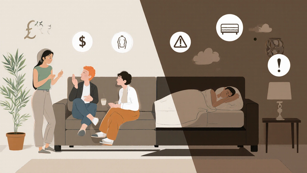 Vue split d'un canapé convertible en usage jour et nuit, symbole d'optimisation spatiale.