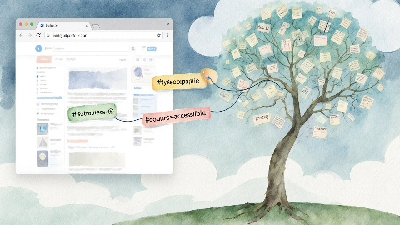 Watercolor illustration of digital annotations forming a tree of knowledge from web sources.