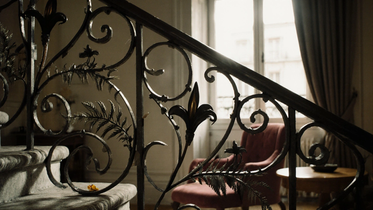 Wrought iron staircase railing shaped like lilies and ferns, illuminated by morning light with a petal on the step.