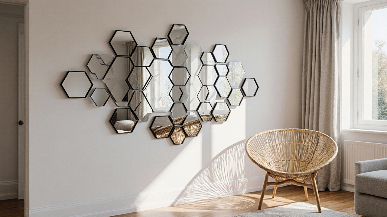 Arrangement modulaire de miroirs hexagonaux sur un mur, créant une œuvre dynamique qui joue avec la lumière du jour.