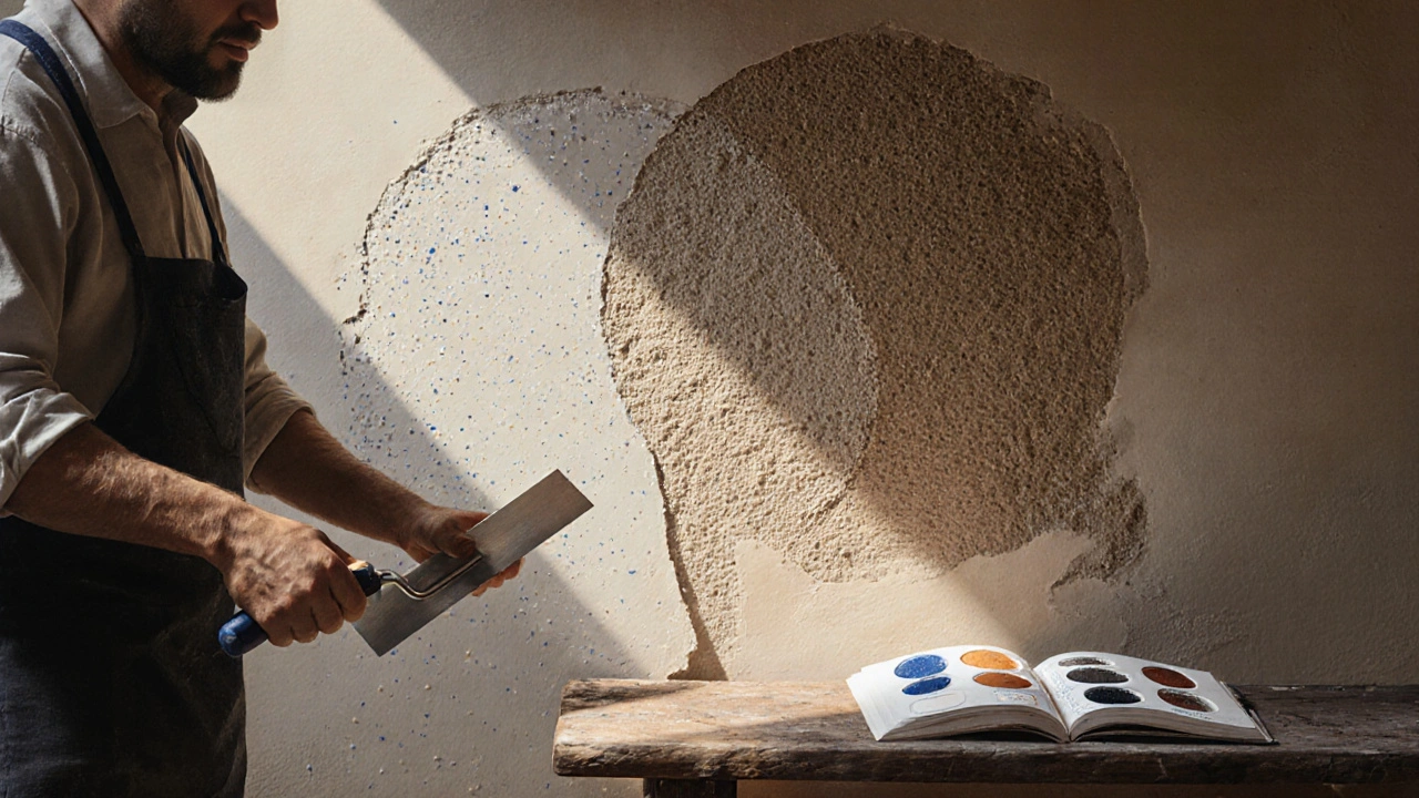 Artisan en train de polir un mur en stuc avec une truelle en acier, dans un atelier italien.