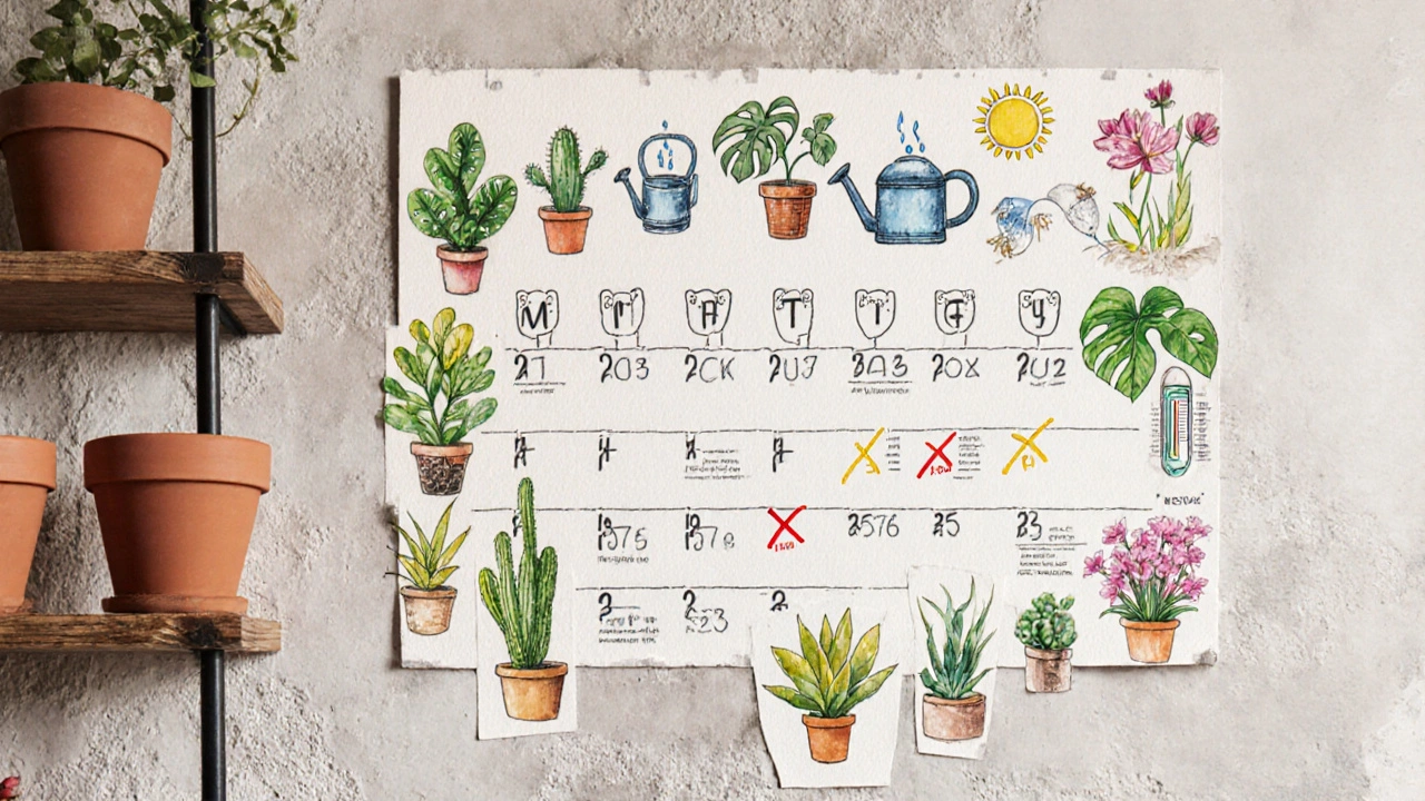 Calendrier botanique mural dessiné à la main avec icônes saisonnières et esquisses de plantes en aquarelle.