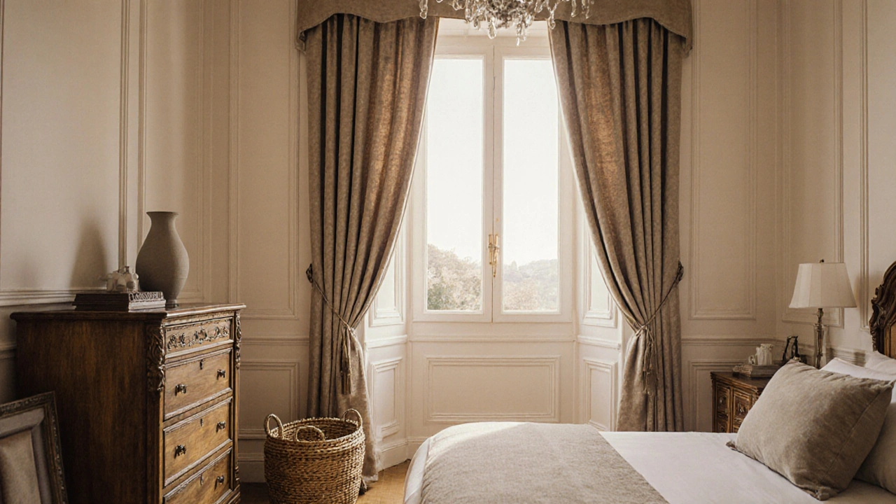 Chambre en ivoire lin, lumière dorée et meubles anciens, atmosphère apaisante.