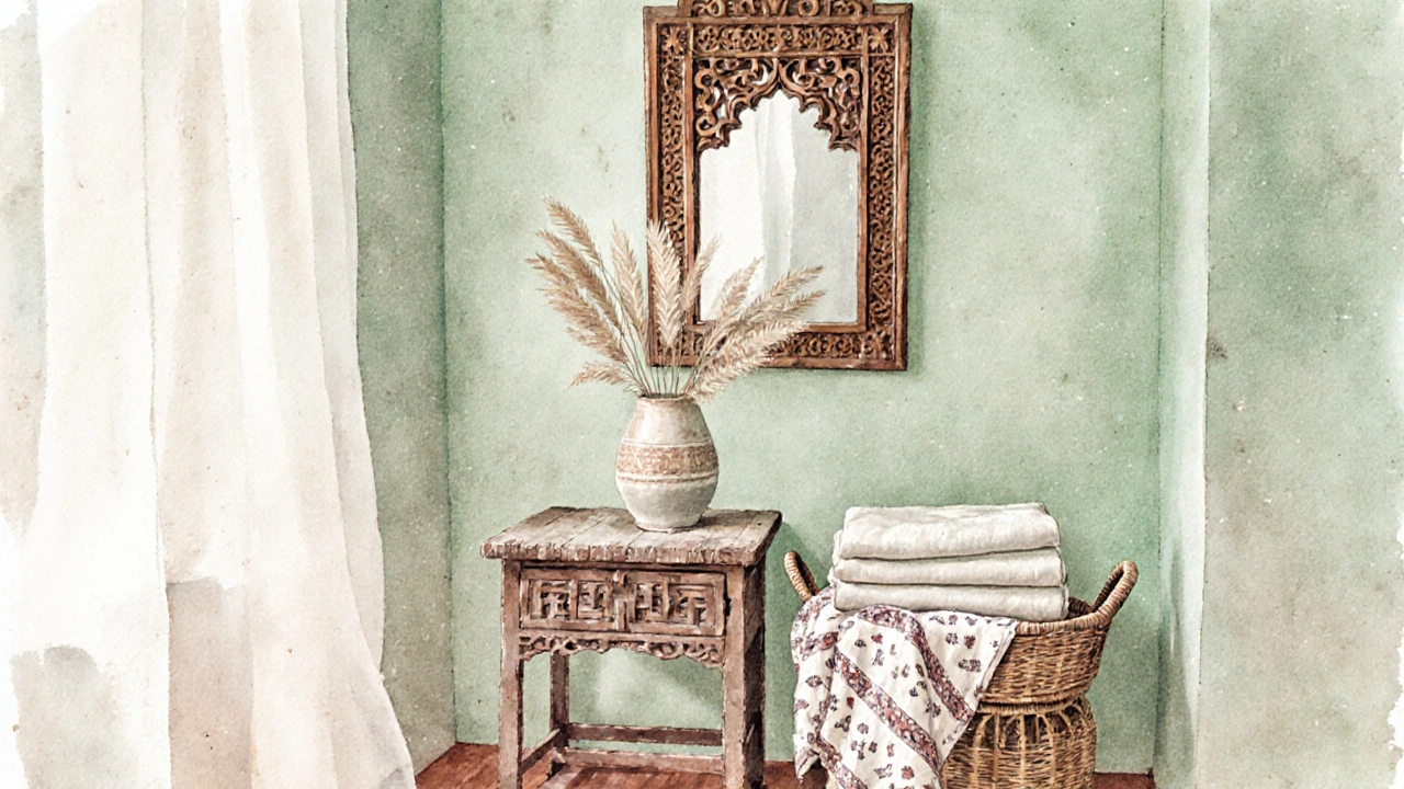 Coin salon bohème chic avec miroir en bois, panier tressé et plantes séchées sous une lumière douce.