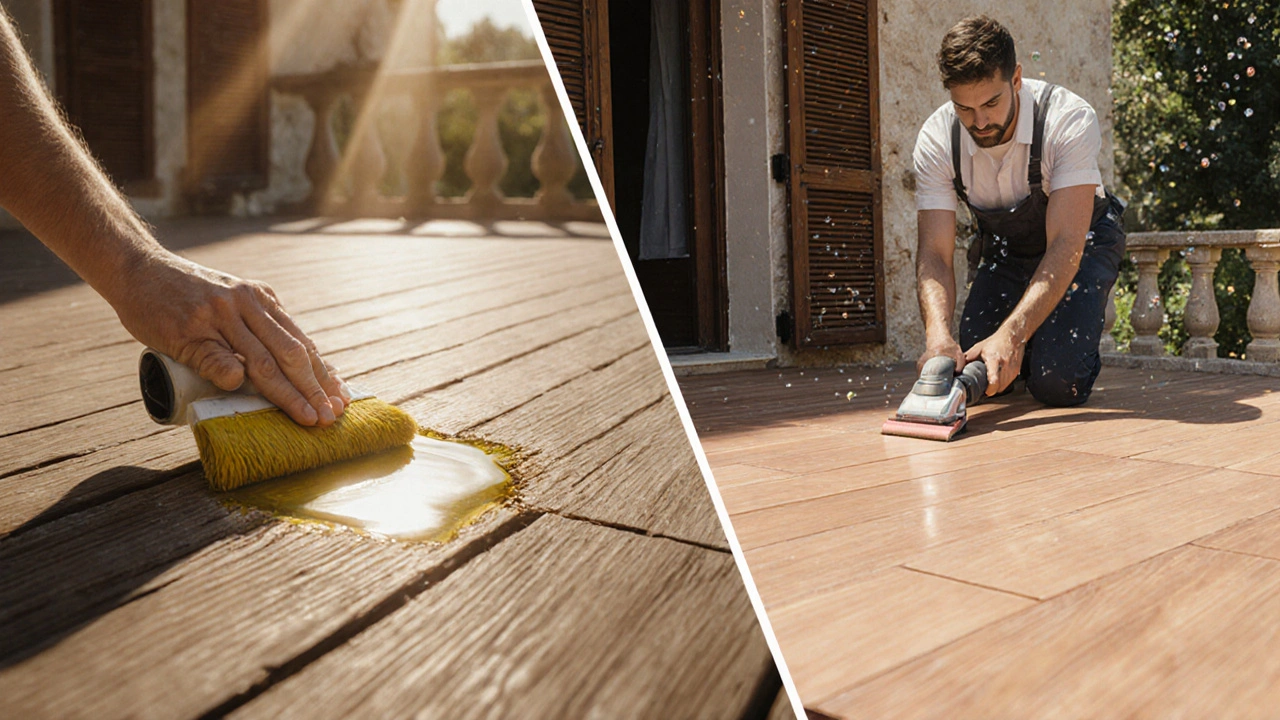 Comparaison conceptuelle entre rénovation à l&#039;huile et préparation pour vernis biosourcé.