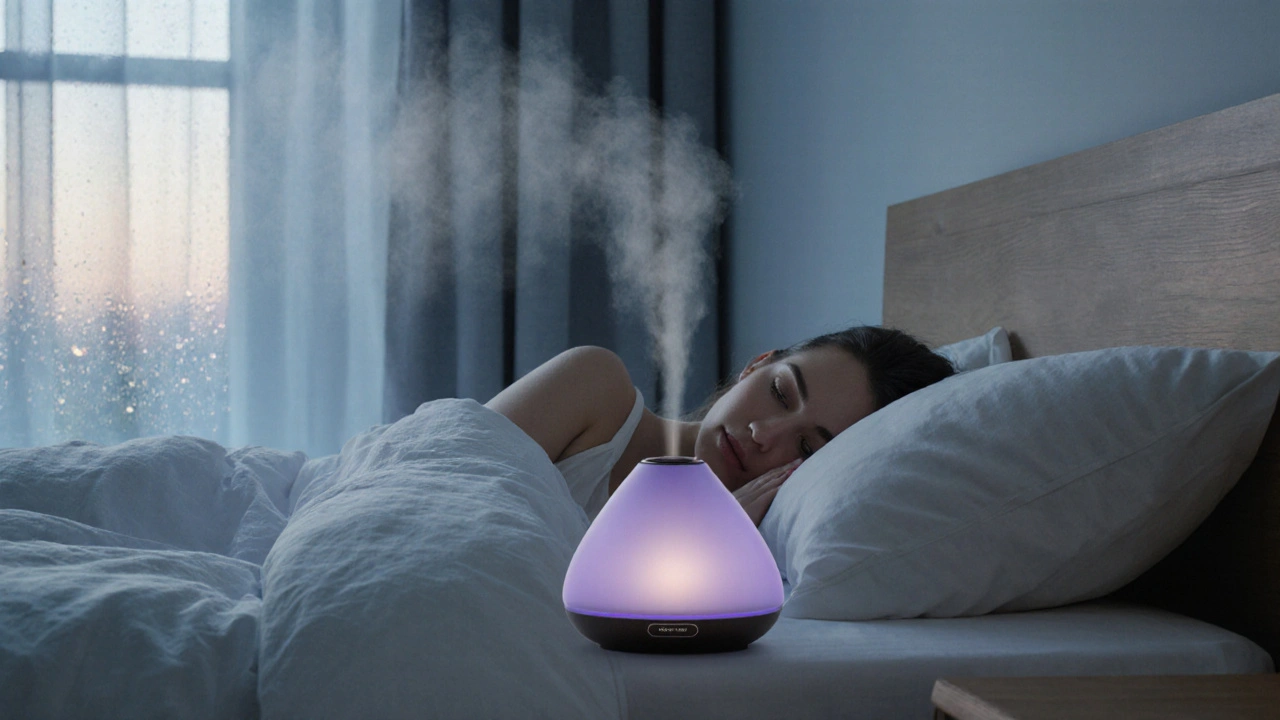 Diffuseur ultrasonique dans une chambre, émettant une brume fine de lavande pour un sommeil apaisant.