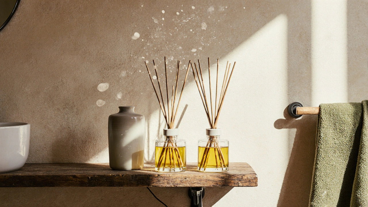 Diffuseurs à roseaux sur une étagère de salle de bain, sans électricité, diffusion douce et naturelle.