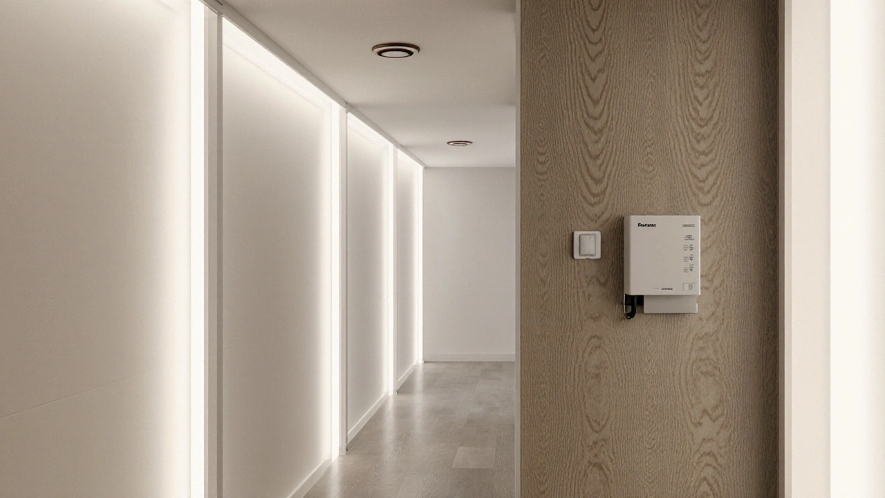 Éclairage LED 24V continu sur tout un dressing, avec un transformateur discret en arrière-plan.