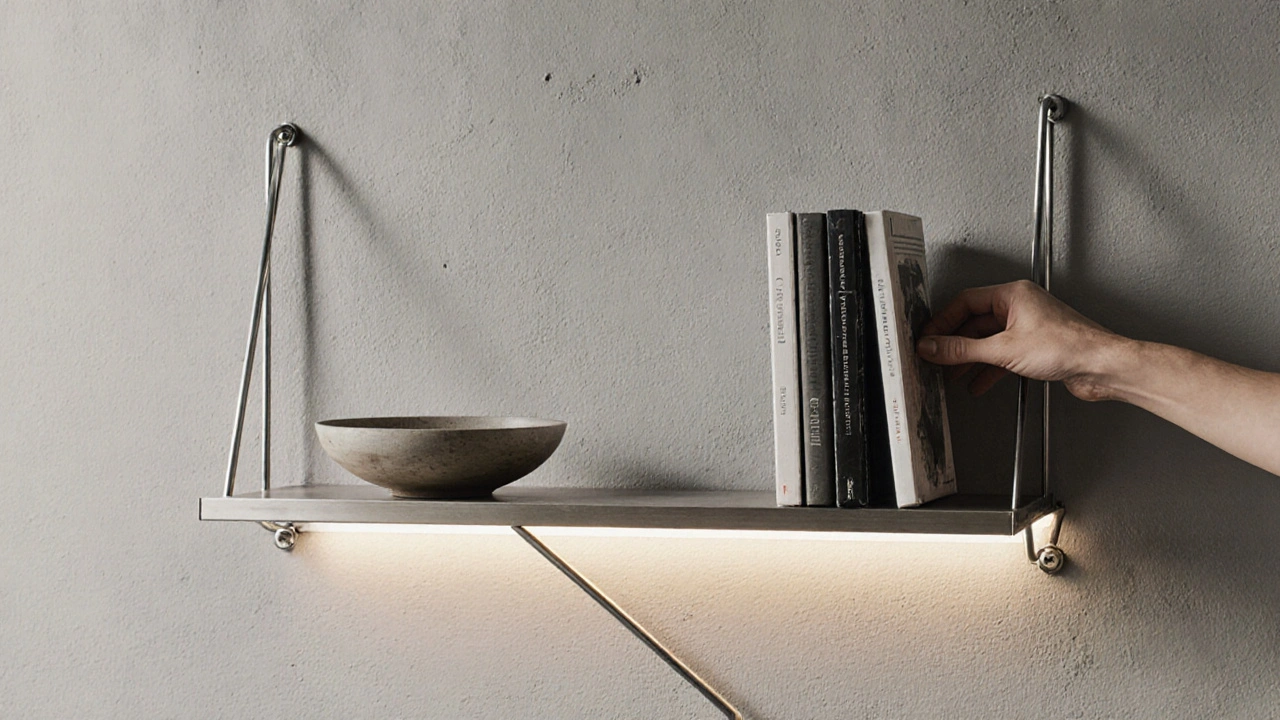 Étagère métallique en zigzag avec livres d&#039;art et bande LED chaude, style industriel minimaliste.