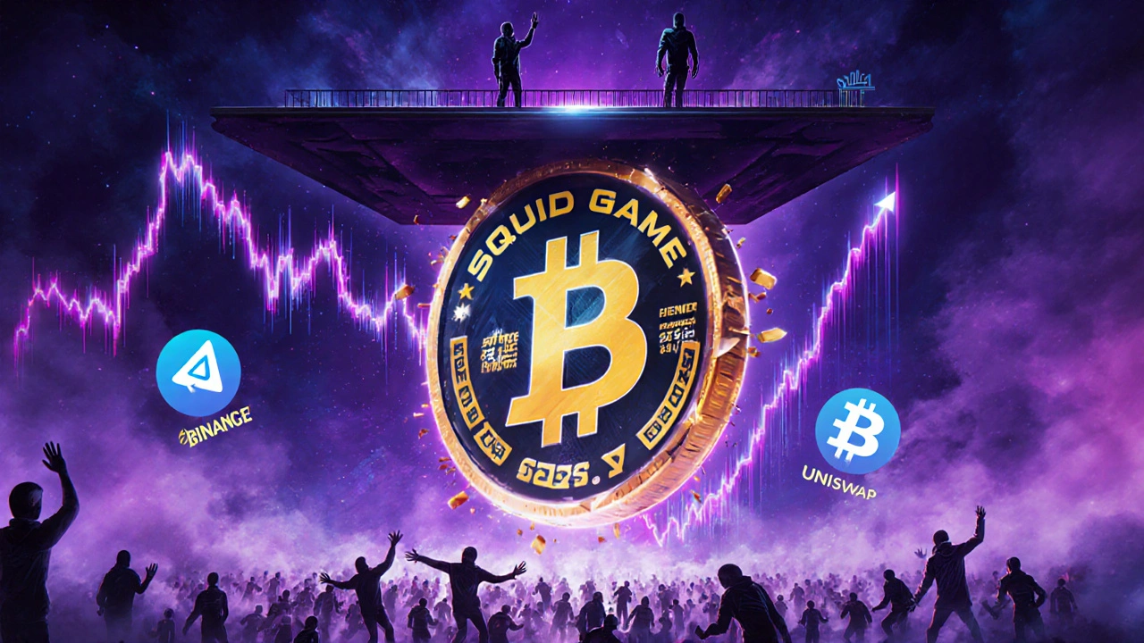 Graphique de prix d&#039;une crypto qui s&#039;effondre à zéro tandis que des escrocs vendent en haut, foule en bas paniquée.