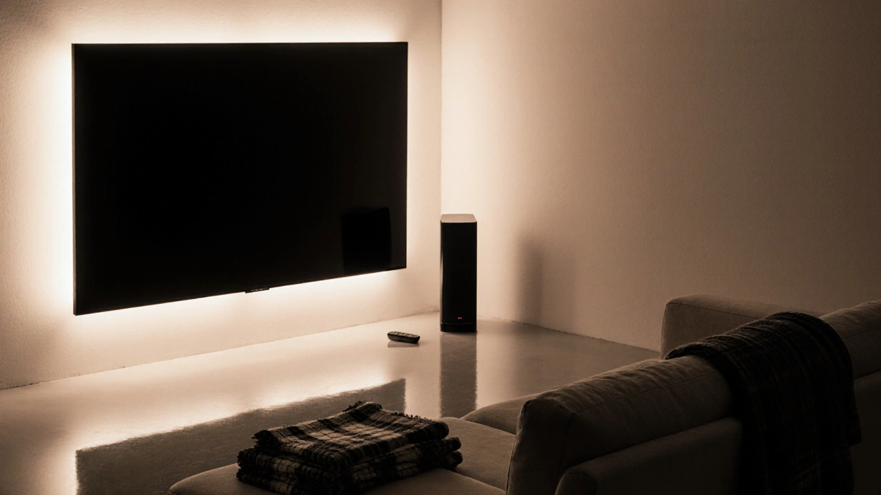 Intérieur minimaliste avec écran et LED d&#039;ambiance, trois plaids soigneusement disposés sans désordre.