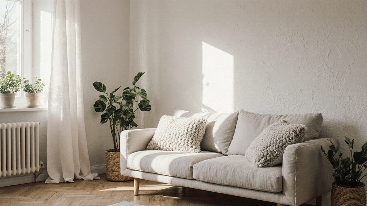Intérieur scandinave aux murs blanc cassé, lumière naturelle et décoration chaleureuse.