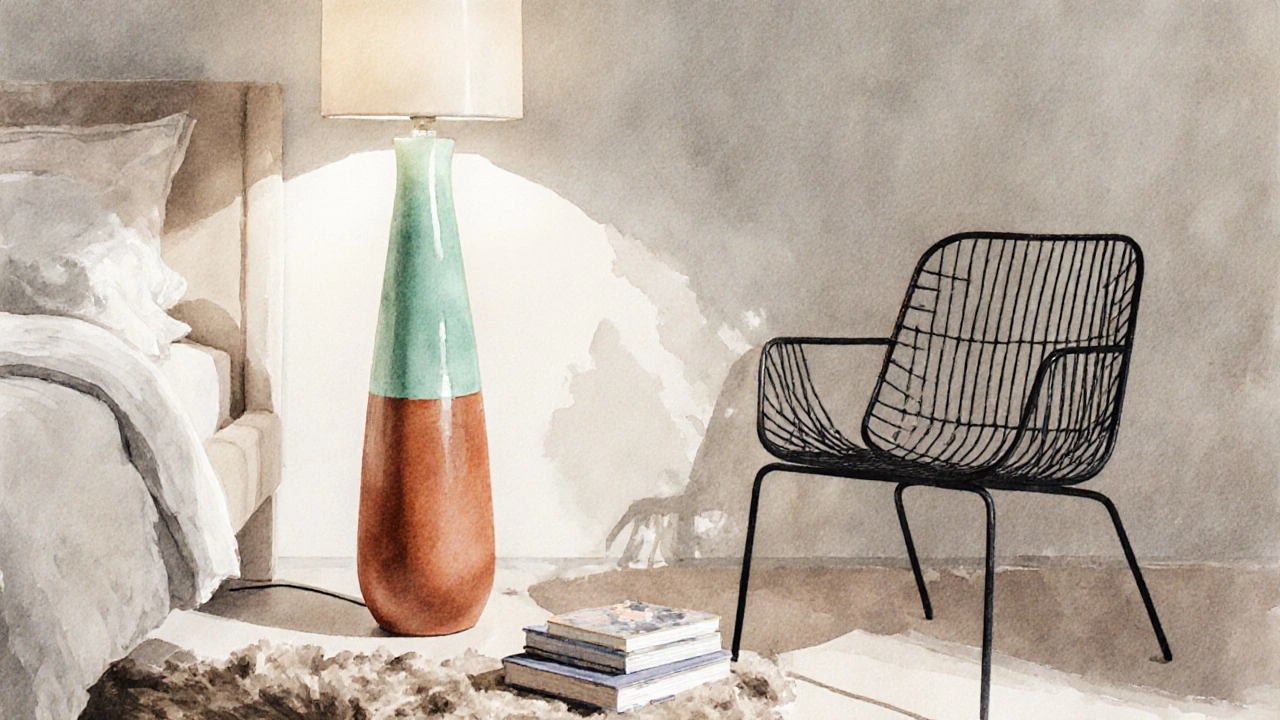 Lampe de sol en céramique des années 70 éclairant un fauteuil de lecture dans une chambre neutre.