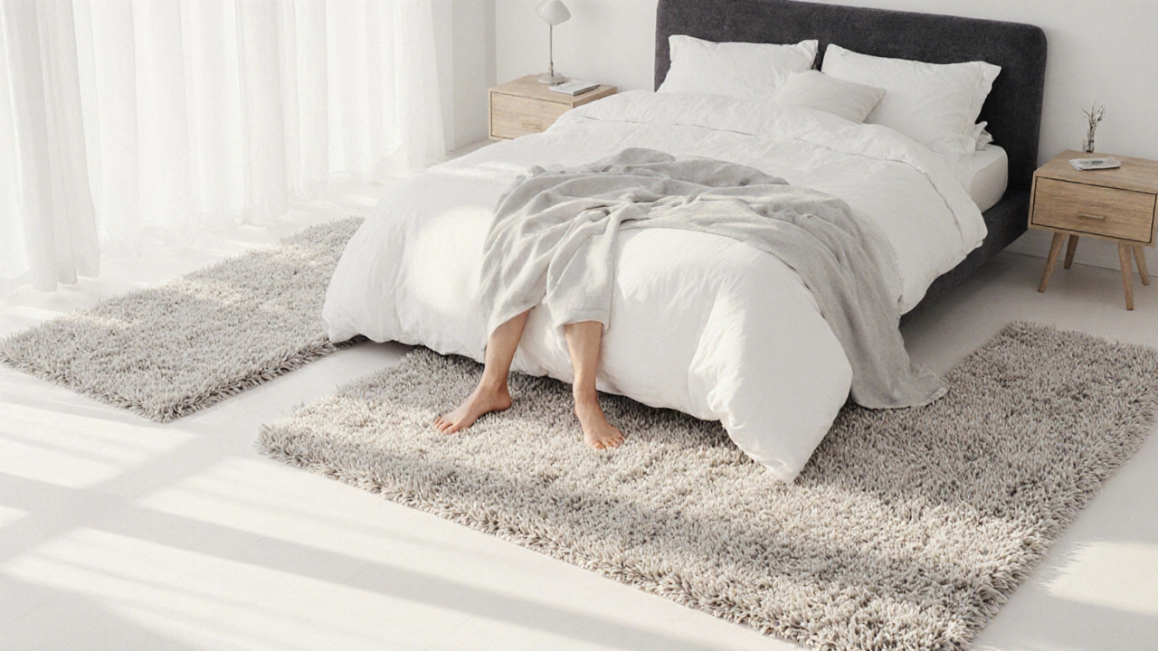 Lit king size avec un tapis qui s&#039;étend sur les côtés, des pieds nus sur la moquette le matin.