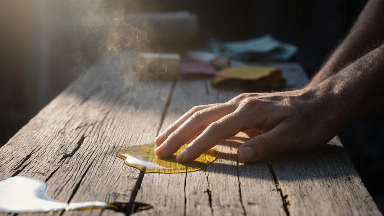 Main caressant un bois grisé, avec un film protecteur qui pénètre lentement dans les fibres.