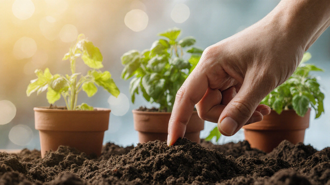 Main humaine vérifiant l&#039;humidité du sol avec doigt, fond flou de plantes en différents états.