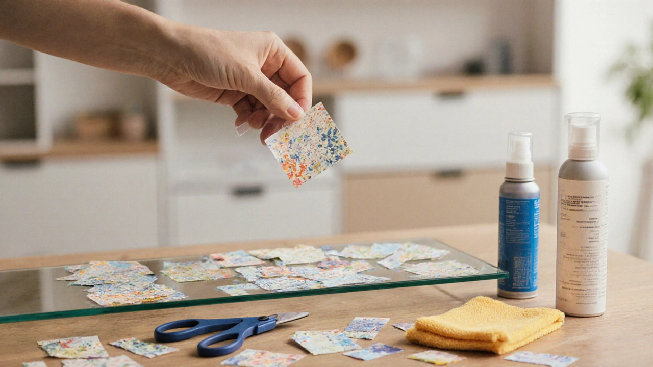 Main posant un morceau de papier peint sur une étagère en verre avec un ruban adhésif invisible.