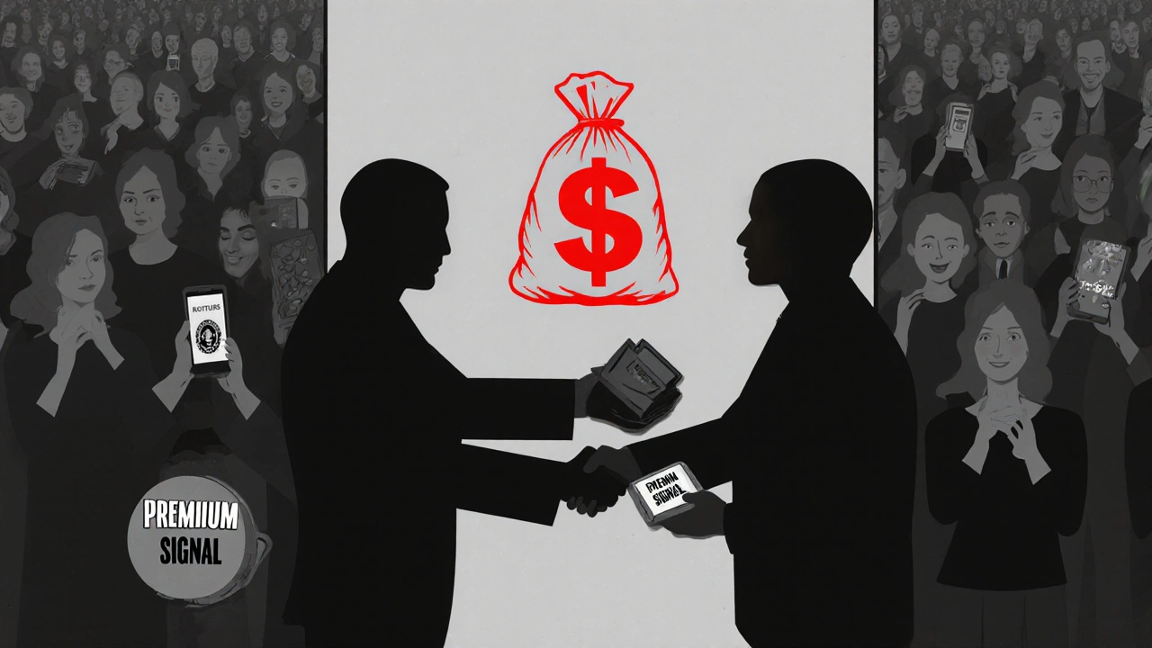 Main qui échange un signal payant contre un portefeuille vide, foule faceless derrière, un seul dollar rouge flottant.