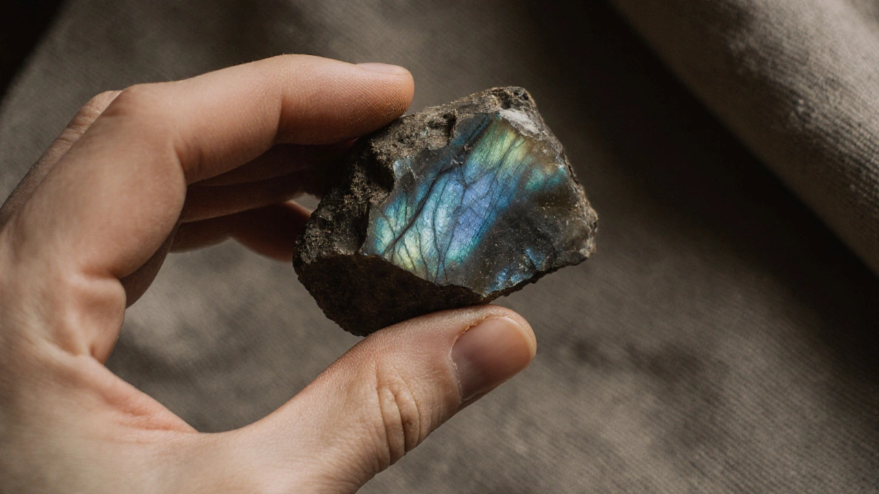 Main tenant une pierre de labradorite brute, reflétant des lueurs irisées.