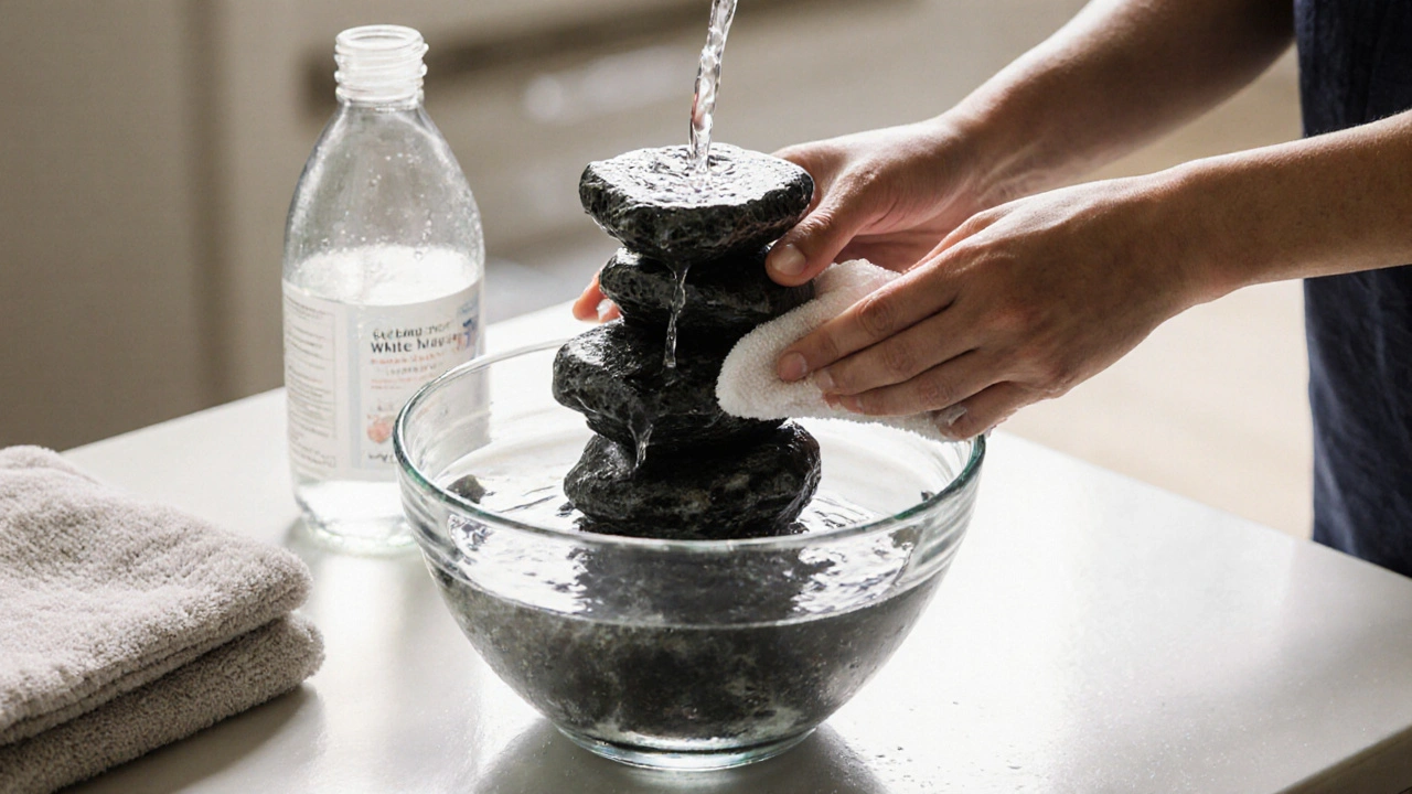 Mains nettoyant une fontaine en obsidienne avec du vinaigre blanc et de l’eau distillée.