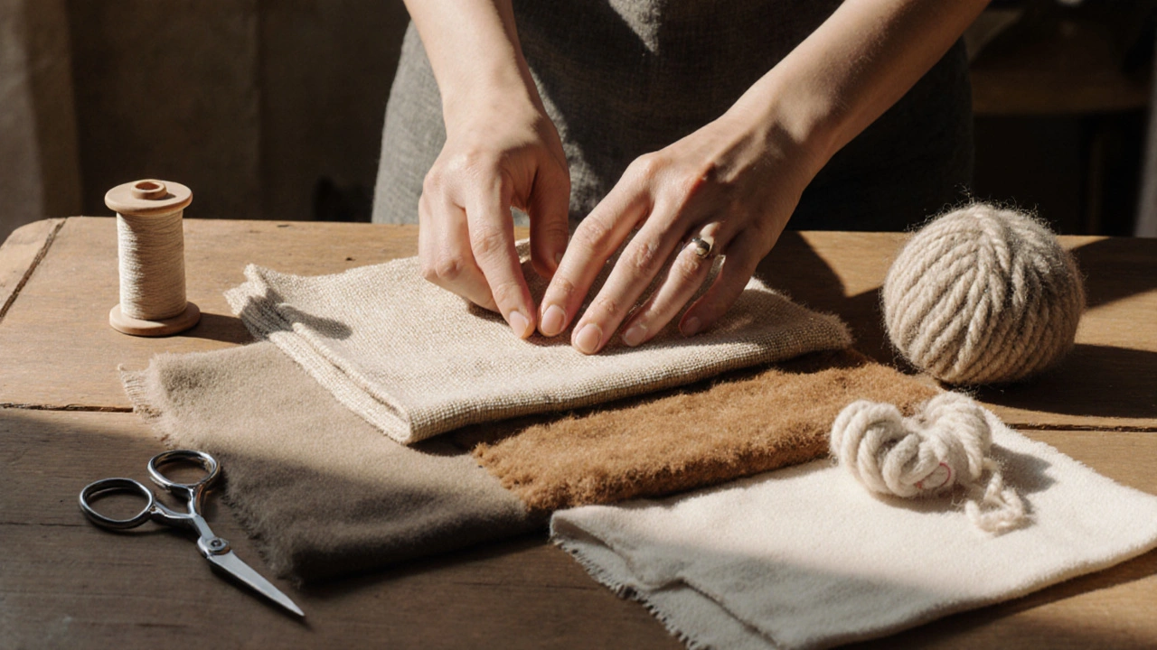 Mains touchant des échantillons de lin, velours, laine et coton sur une table en bois.