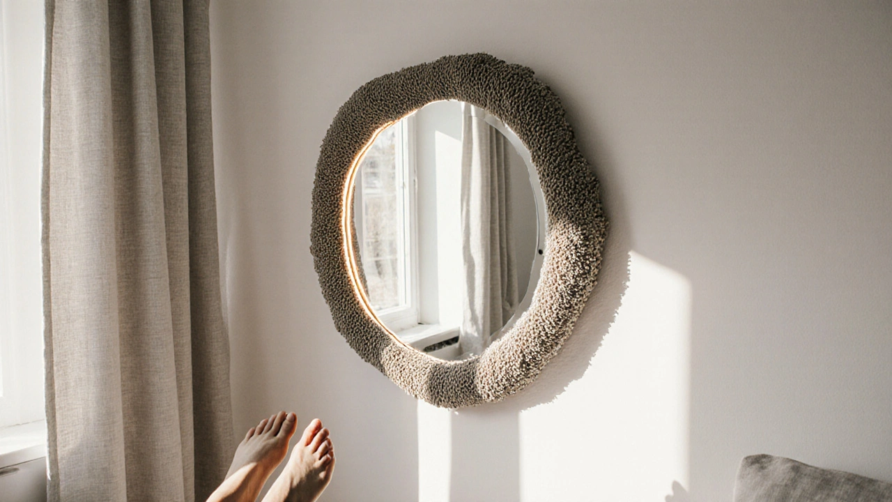 Miroir au cadre en mycélium dans une chambre scandinave, reflétant une lumière douce et évoquant un design durable et naturel.
