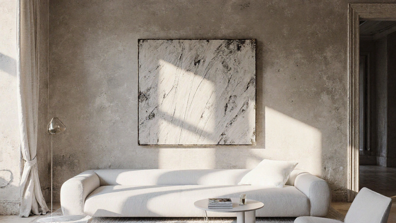 Mur en stuc mat dans un intérieur moderne, en contraste avec un mobilier minimaliste.