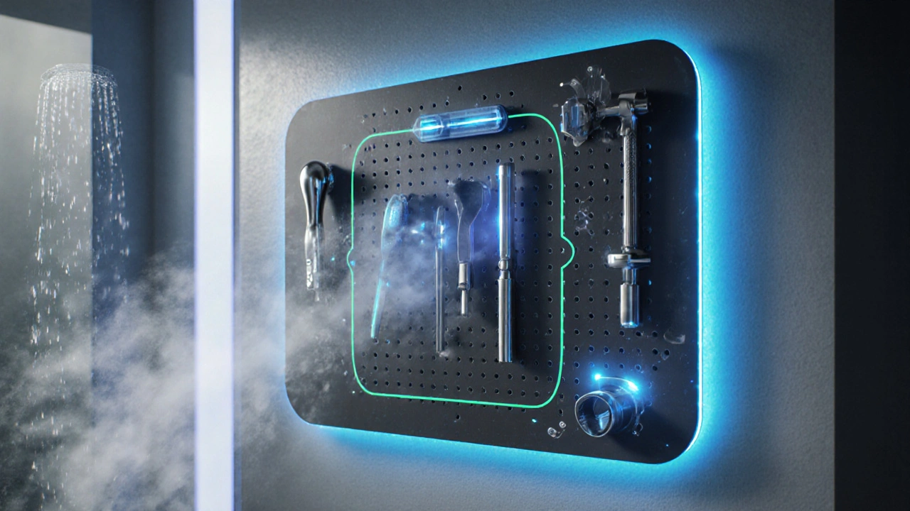 Panneau perforé intelligent dans une salle de bain, avec éclairage LED et peinture magnétique, intégrant des capteurs pour détecter les outils.