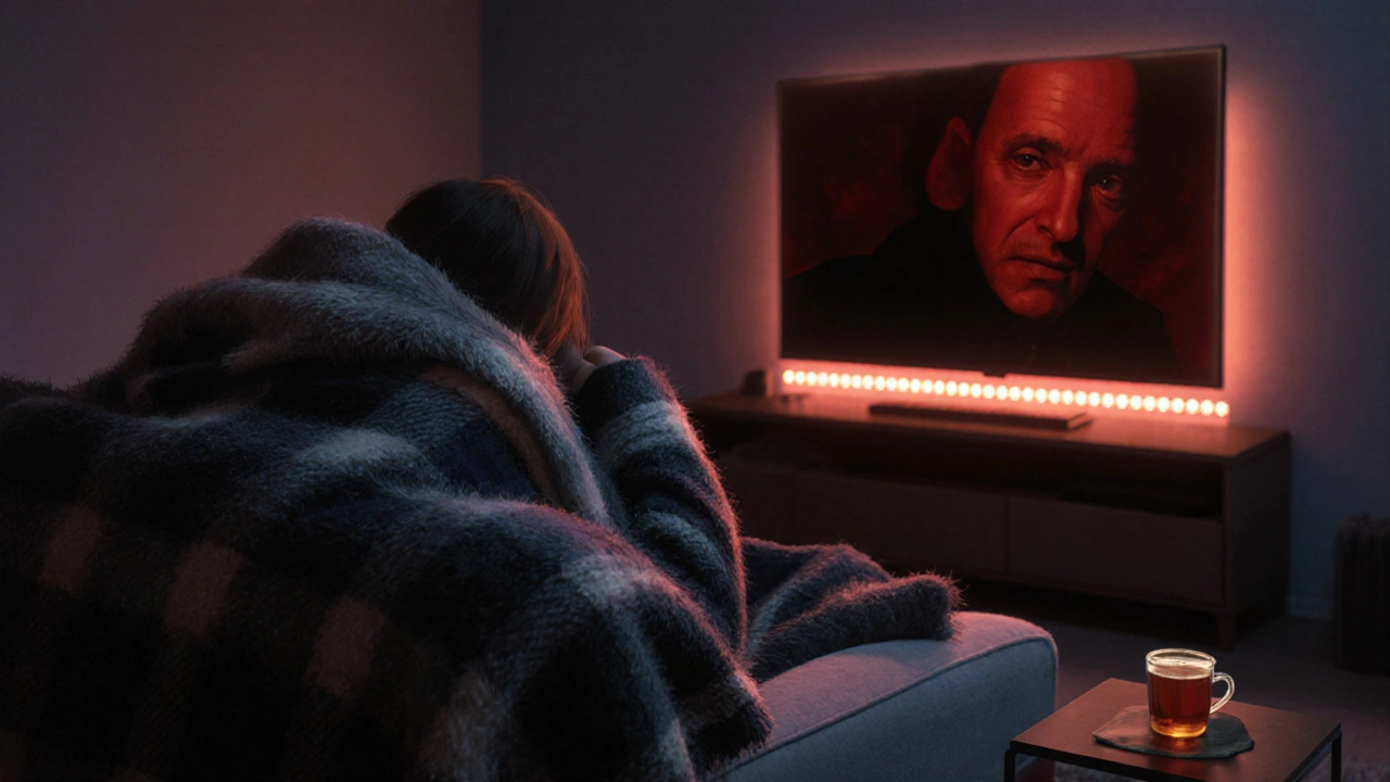 Personne allongée sous des plaids moelleux, éclairée uniquement par la lumière douce d&#039;une bande LED.