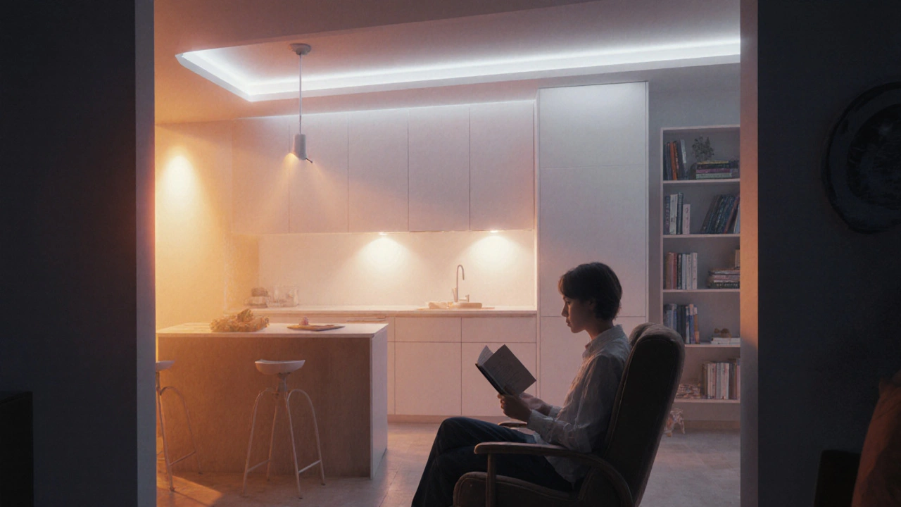 Personne lisant dans un fauteuil, la lumière ambiante passe doucement du blanc au doré, comme un coucher de soleil intérieur.