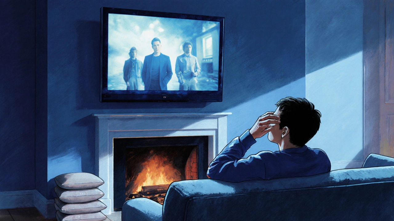 Personne penchée en arrière pour regarder une TV trop haute au-dessus de la cheminée, avec mal à la tête.