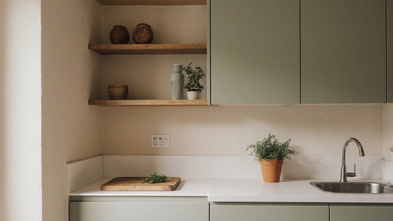 Petite cuisine de 8 m² en teintes neutres avec bois naturel et pot de céramique, ambiance chaleureuse et ordonnée.