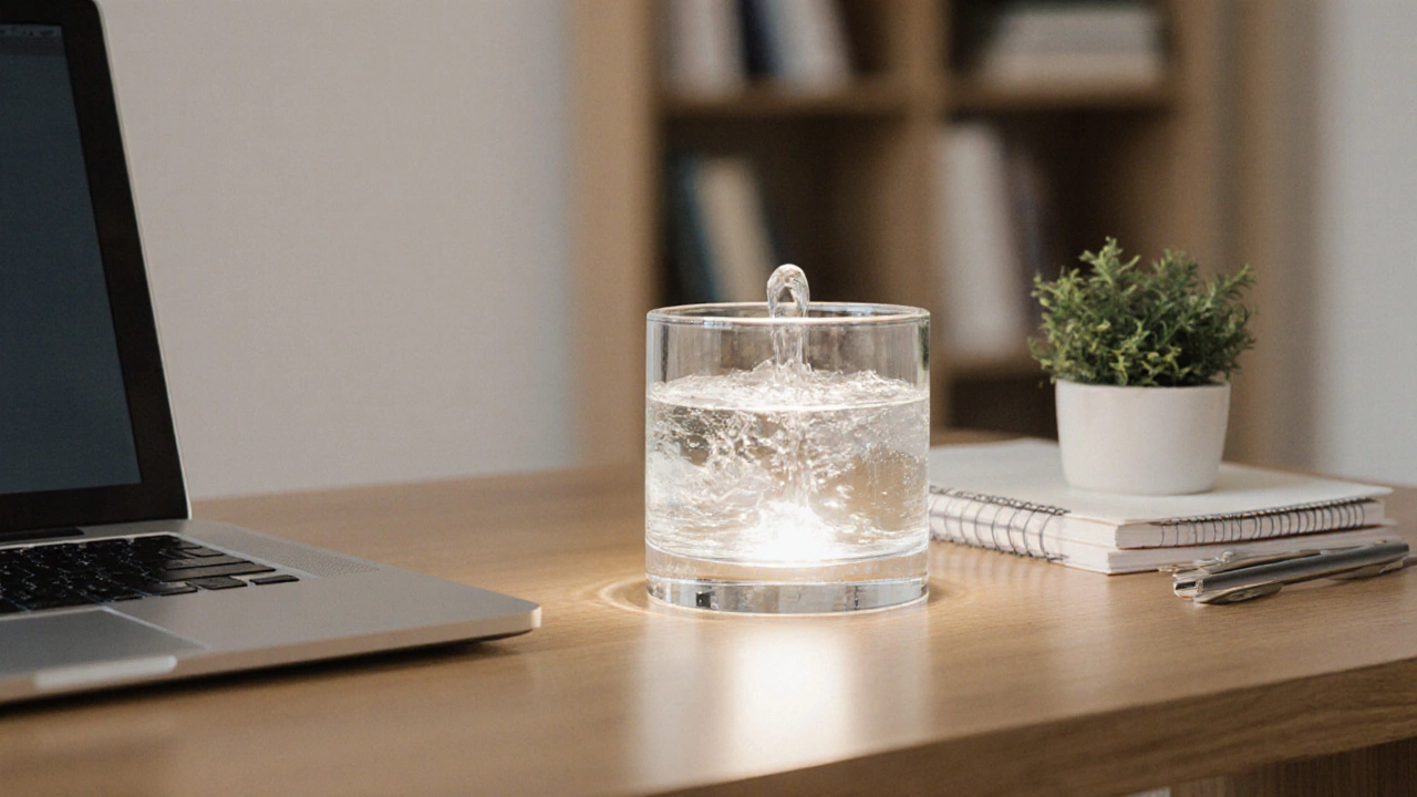 Petite fontaine en verre sur un bureau, éclairée doucement, près d’un ordinateur.