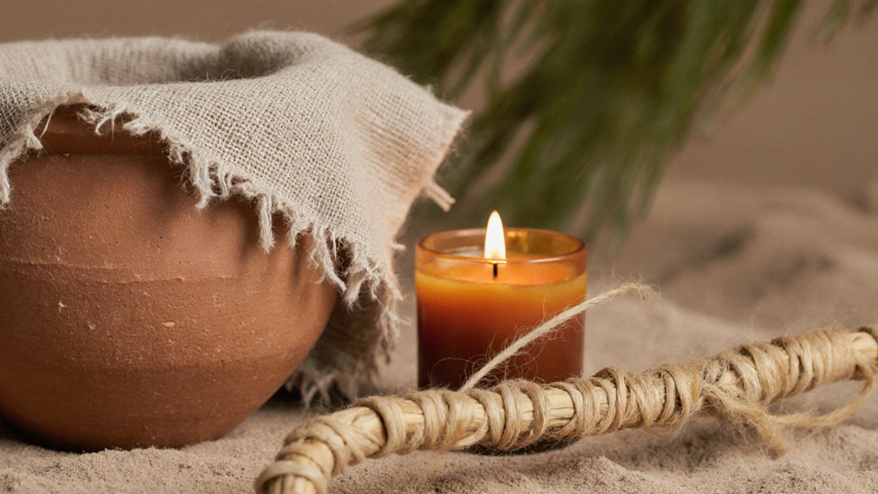Plan rapproché de matériaux naturels : terre cuite, lin et rotin avec une bougie en cire d&#039;abeille.