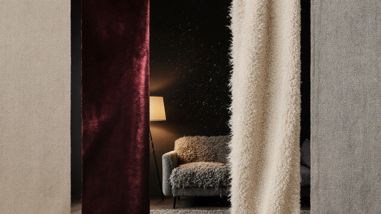 Quatre tissus naturels qui se fondent en une seule tenture textile, dans une pièce chaleureuse.