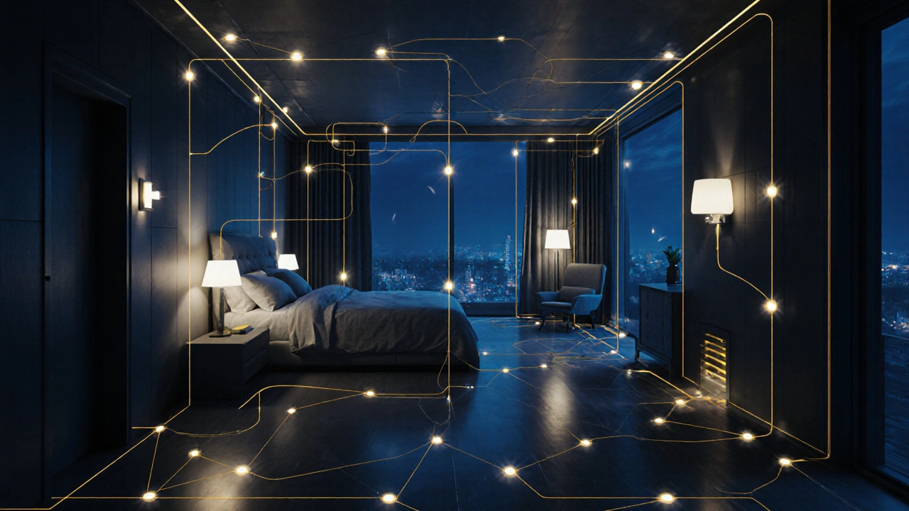 Réseau de lumières intelligentes connectées dans un appartement, les flux lumineux réagissent à la présence humaine dans l&#039;obscurité.