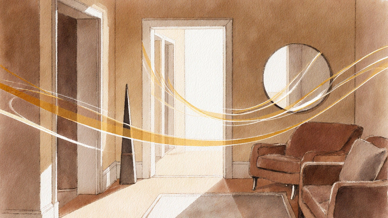 Salon lumineux et aéré, avec des chemins dégagés et un miroir réfléchissant la lumière.