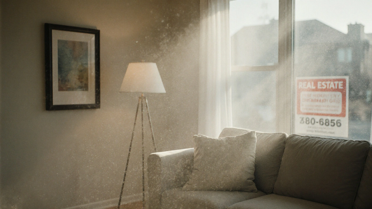 Salon transformé pour la vente, avec une lumière douce et une décoration épurée.