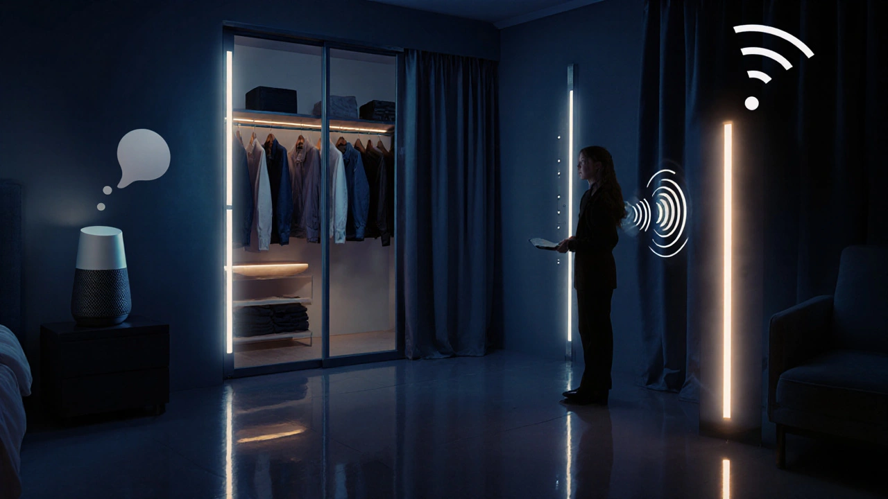 Scène domotique : la lumière du dressing s&#039;allume automatiquement en réponse à une commande vocale.