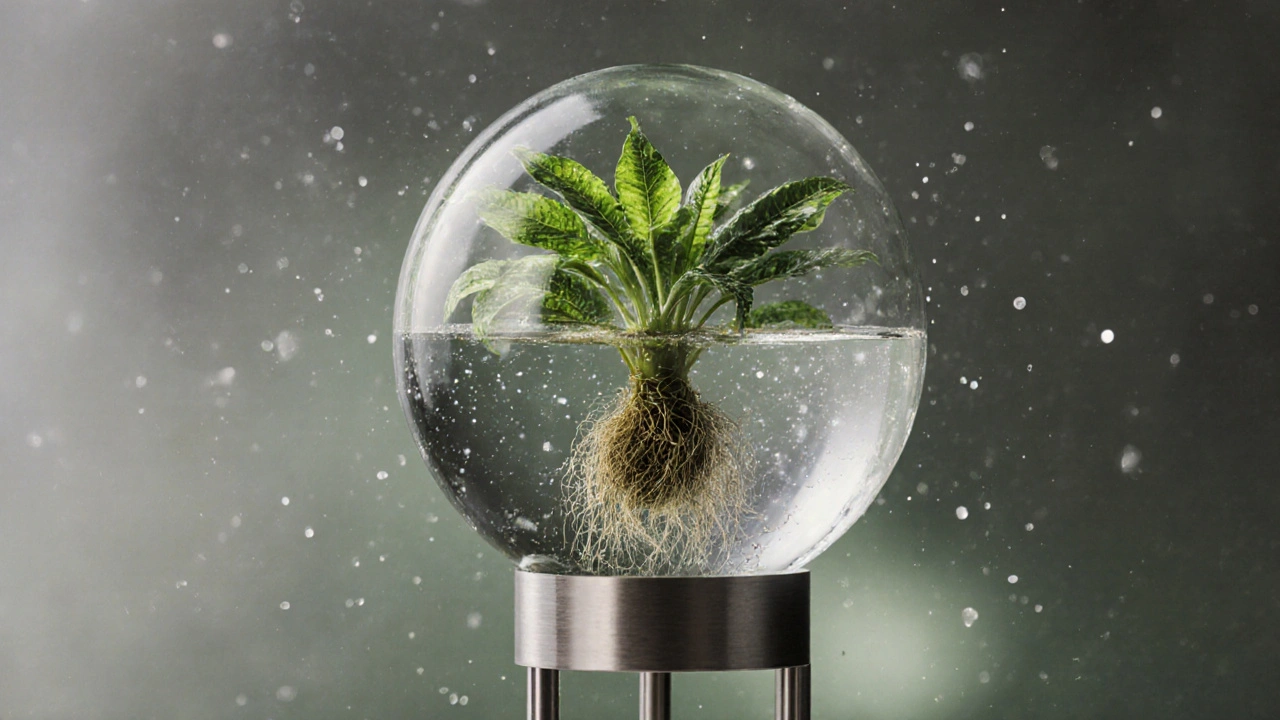 Sculpture vivante : une plante suspendue dans une boule de verre soufflé, racines comme une constellation lumineuse.