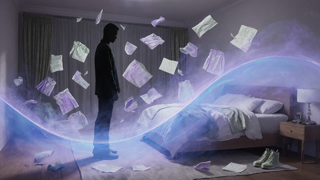 Silhouette humaine entourée d&#039;objets qui disparaissent en brume, une énergie douce circule autour du lit.