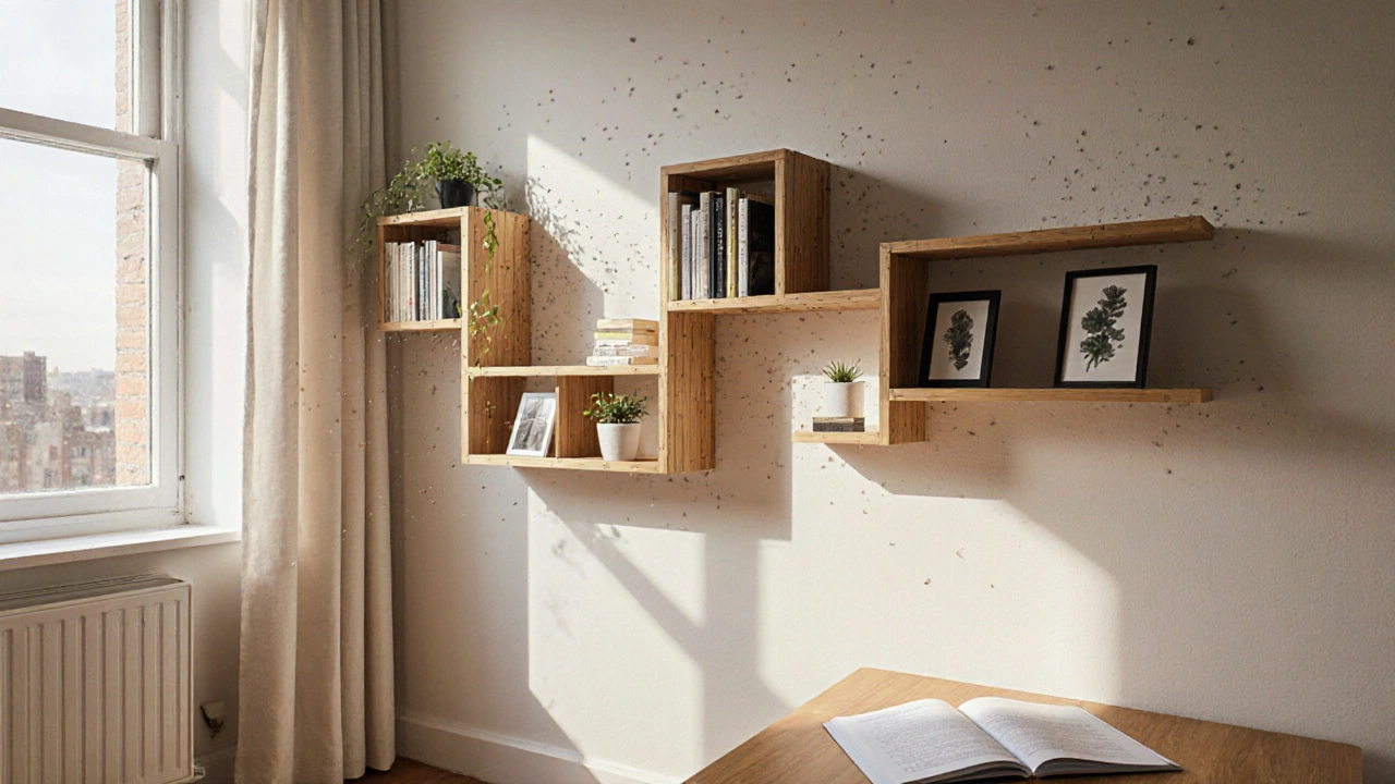 Système modulaire sans vis assemblé dans un studio, livres et plantes sur des panneaux durables.