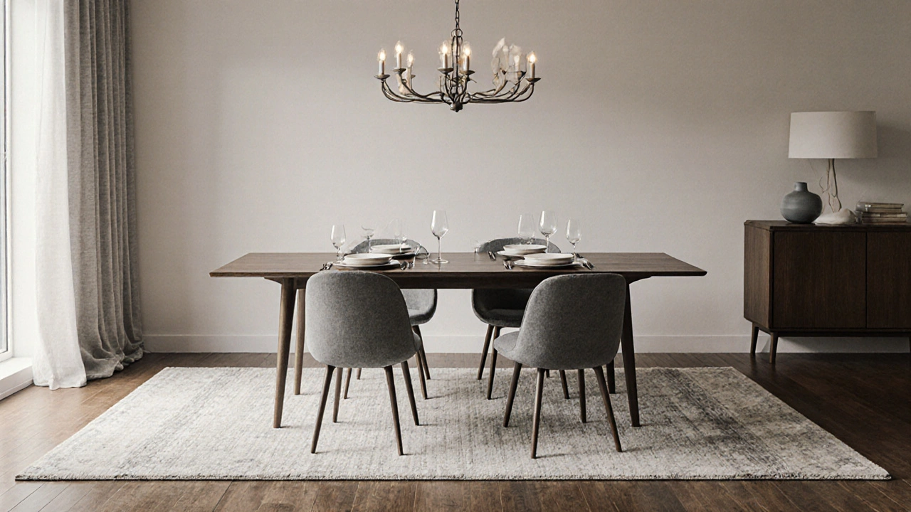 Table de salle à manger avec des chaises partiellement tirées, toutes sur un tapis large de 350 cm.