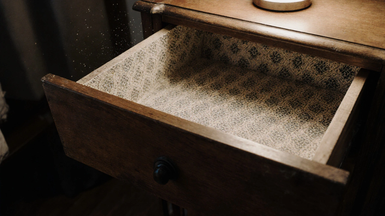 Tiroir de commode ancienne orné d’un motif géométrique, légèrement ouvert pour révéler l’intérieur décoré.