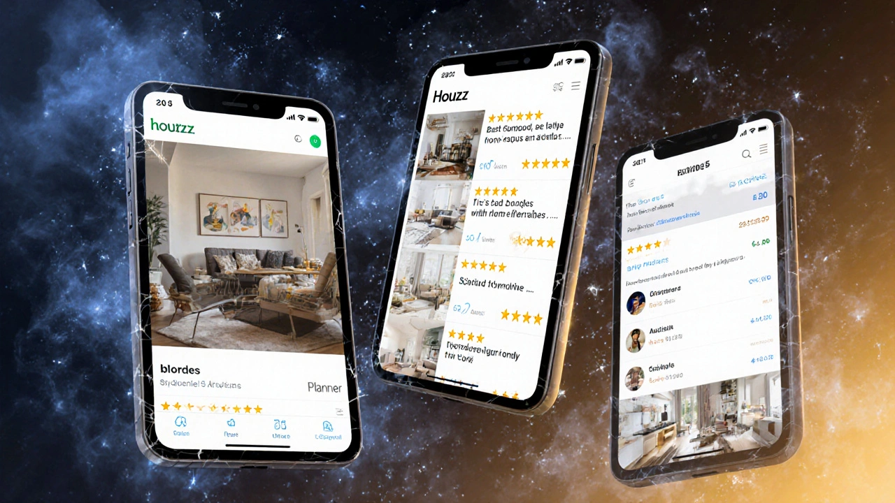 Trois applis de décoration personnifiées : Homestyler avec des lentilles AR cassées, Houzz envahi de publicités, Planner 5D flou et simplifié.