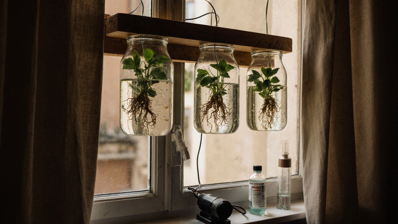 Trois bouteilles en verre suspendues avec des plants de menthe, racines flottant dans une solution nutritive, lumière naturelle.