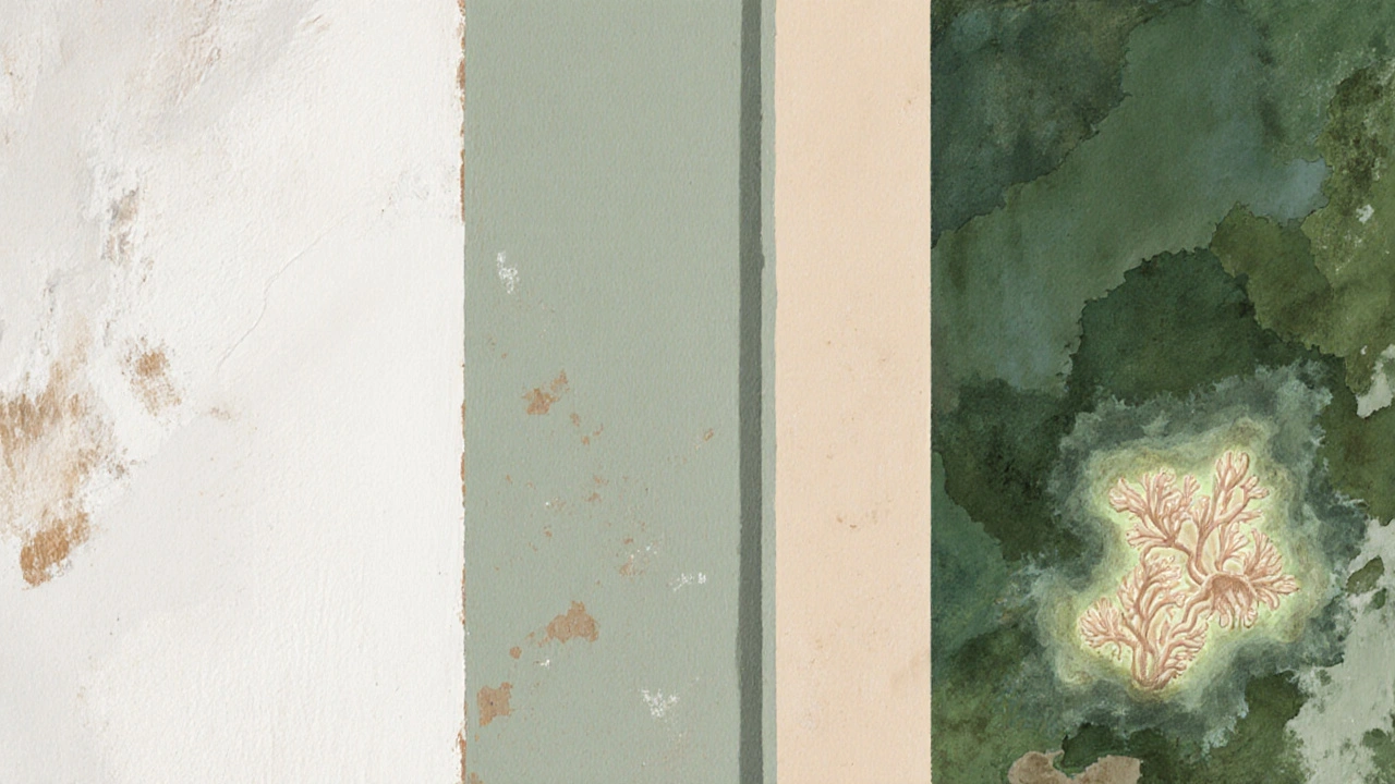 Trois panneaux illustrant l&#039;évolution des couleurs de cuisine : blanc sali, teintes durables, et peinture auto-réparatrice.