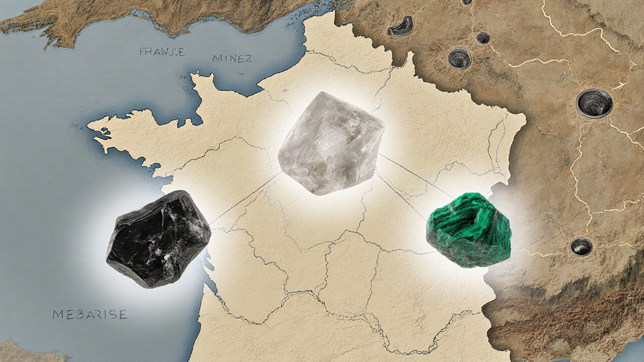 Trois pierres brutes flottant au-dessus d&#039;une carte de France, émises d&#039;une lumière subtile.