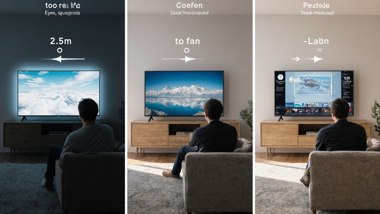 Trois positions de visionnage : trop près, idéale et trop loin, comparées dans une même pièce.