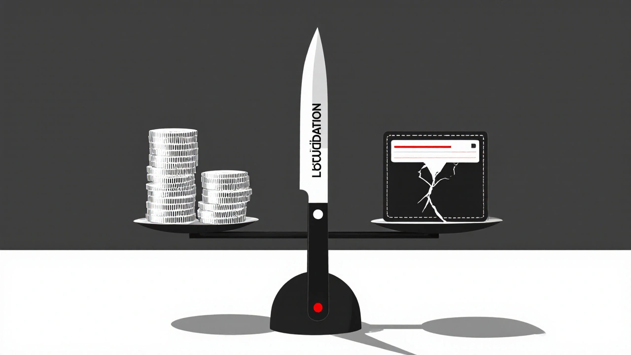 Un couteau équilibré sur une balance : d&#039;un côté des crypto-monnaies, de l&#039;autre un portefeuille vide.